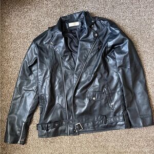 Men's Black Faux Leather Moto Jacket with Belt